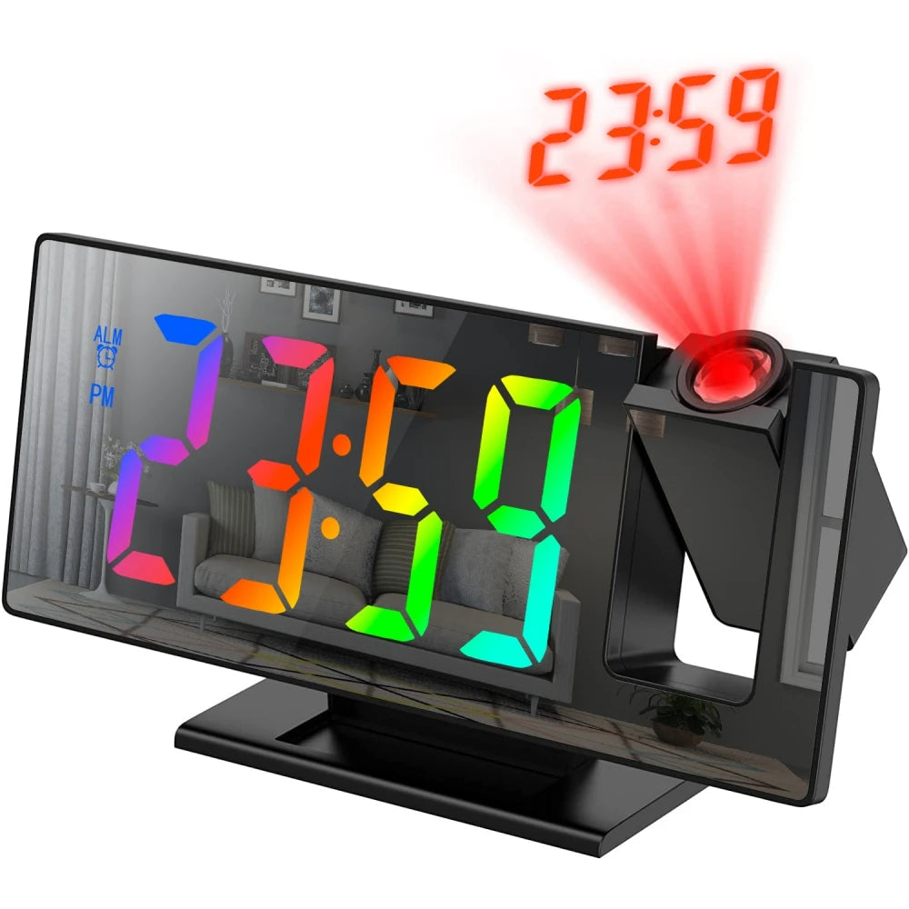 180° Arm Projection Alarm Clock Time Temperature USB Plug-in Digital Alarm Clock Snooze Table Clock 12/24H Projector LED Clock