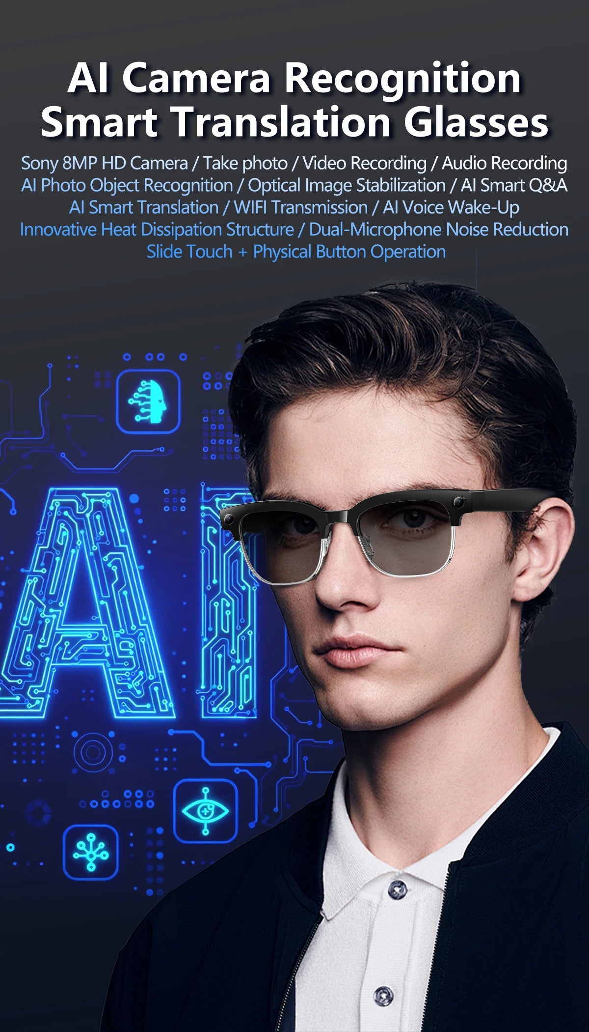 2026 New 8K HD AI Smart Glasses Men with Chat GPT 800MP Camera Bluetooth Call AI Translation Voice Assistant Control Unisex Sung