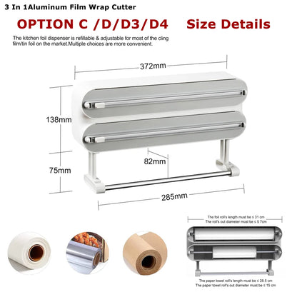 3 In 1/only 1 functional Aluminum Film Wrap Cutter WallMount Paper Towel Holder Cling Film Cutting Holder Plastic Wrap Dispenser