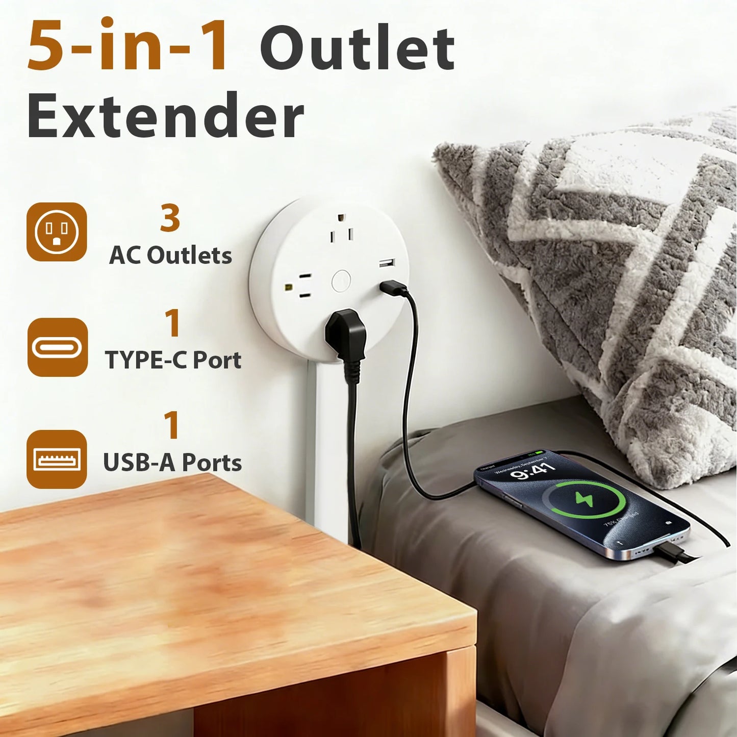 3 Style Retractable Sockets in Various Shapes US Plug Power Strip with AC Outlets USB Port(USB-A/C),Adjustable Electrical Outlet Extender Stick,Multi Socket Wall Socket Universal for Hard-to-Reach Wall Outlets Behind Couch,Be