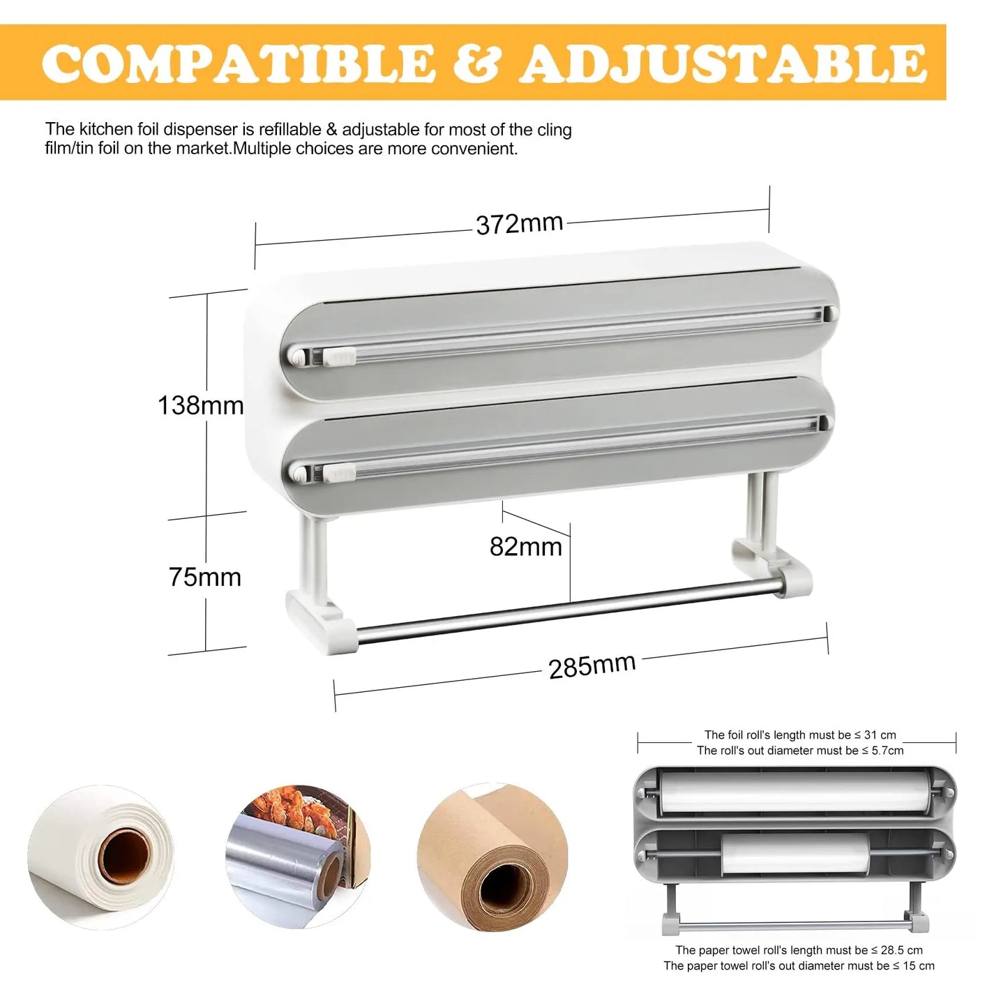 3 In 1/only 1 functional Aluminum Film Wrap Cutter WallMount Paper Towel Holder Cling Film Cutting Holder Plastic Wrap Dispenser