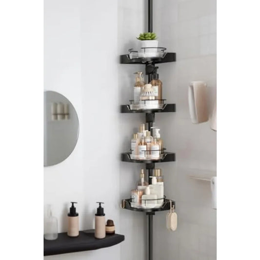 360° Rotating Corner Shower Caddy Tension Pole Organizer - 4-Tier Adjustable Rustproof Metal Pole, Plastic Shelves with Safety