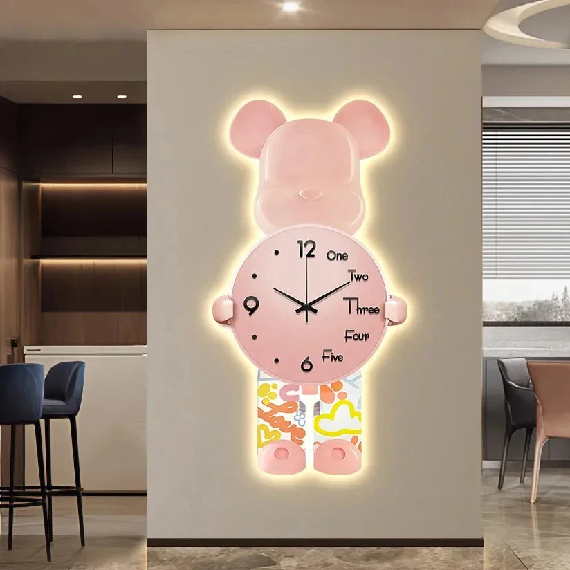 Aesthetic Bear Wall Clock LED Lamp Unique Bear Silent Watch Sconce Luxury Porch Livingroom Decoration Interior Light Clock Decor