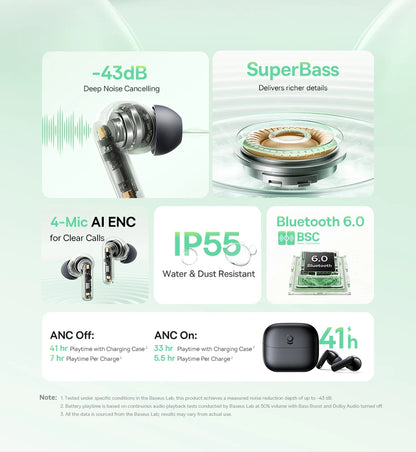 Baseus Bass EP10 NC -43dB Noise Cancelling ANC True Wireless Earbuds Bluetooth 6.0 In-Ear Wireless Earphones 4-Mics ENC Ear buds
