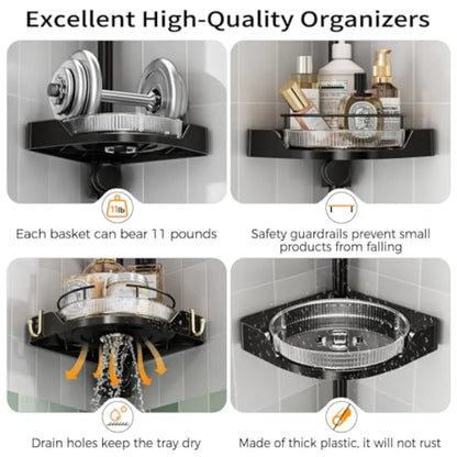 360° Rotating Corner Shower Caddy Tension Pole Organizer - 4-Tier Adjustable Rustproof Metal Pole, Plastic Shelves with Safety