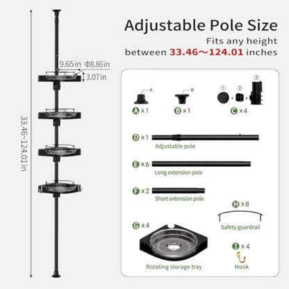 360° Rotating Corner Shower Caddy Tension Pole Organizer - 4-Tier Adjustable Rustproof Metal Pole, Plastic Shelves with Safety