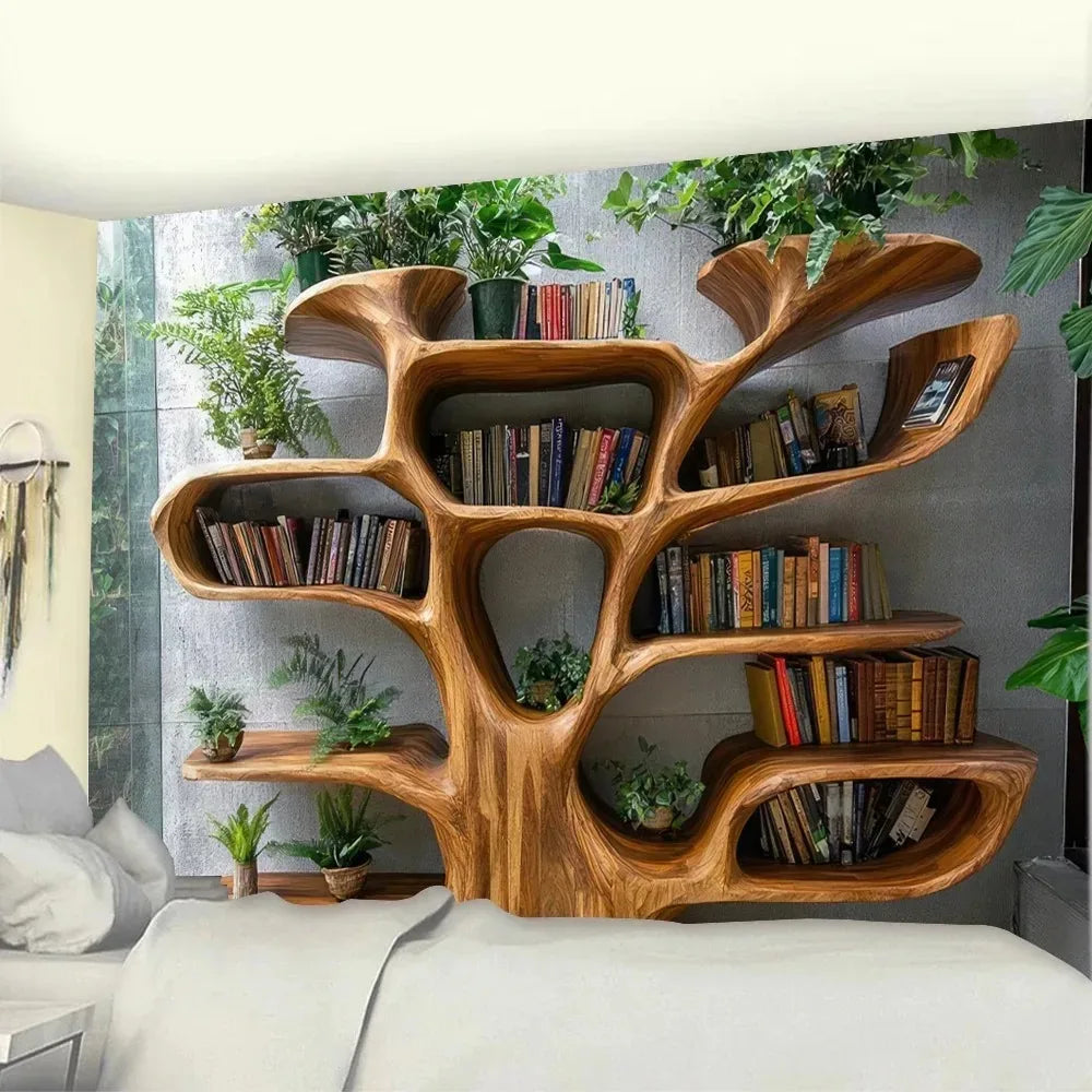 Nordic Tree Bookshelf Tapestry Multiple Sizes HD Sublimation Print Reading Nook Forest 100 Polyester Washable Living Study Calm
