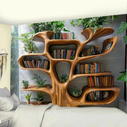 Nordic Tree Bookshelf Tapestry Multiple Sizes HD Sublimation Print Reading Nook Forest 100 Polyester Washable Living Study Calm
