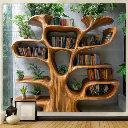 Nordic Tree Bookshelf Tapestry Multiple Sizes HD Sublimation Print Reading Nook Forest 100 Polyester Washable Living Study Calm