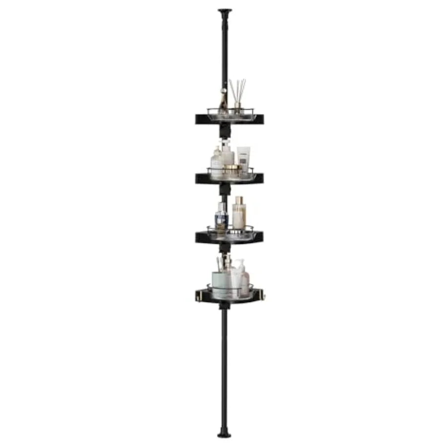 360° Rotating Corner Shower Caddy Tension Pole Organizer - 4-Tier Adjustable Rustproof Metal Pole, Plastic Shelves with Safety
