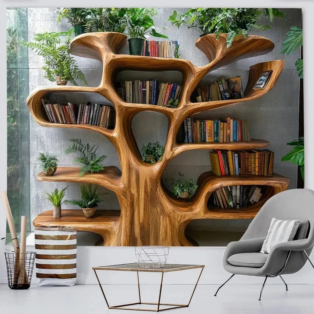 Nordic Tree Bookshelf Tapestry Multiple Sizes HD Sublimation Print Reading Nook Forest 100 Polyester Washable Living Study Calm