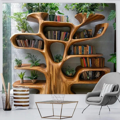Nordic Tree Bookshelf Tapestry Multiple Sizes HD Sublimation Print Reading Nook Forest 100 Polyester Washable Living Study Calm