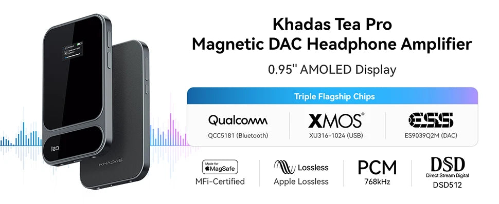 Khadas Tea Pro Portable Headphone Amp with Magnetic/0.95" Display/BT5.4/2100mAh/ESS ES9039Q2M, support PCM 768/DSD 512/3.5/4.4mm