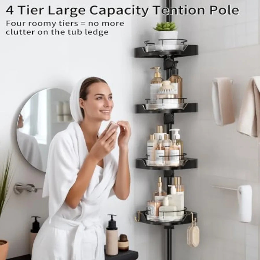 360° Rotating Corner Shower Caddy Tension Pole Organizer - 4-Tier Adjustable Rustproof Metal Pole, Plastic Shelves with Safety