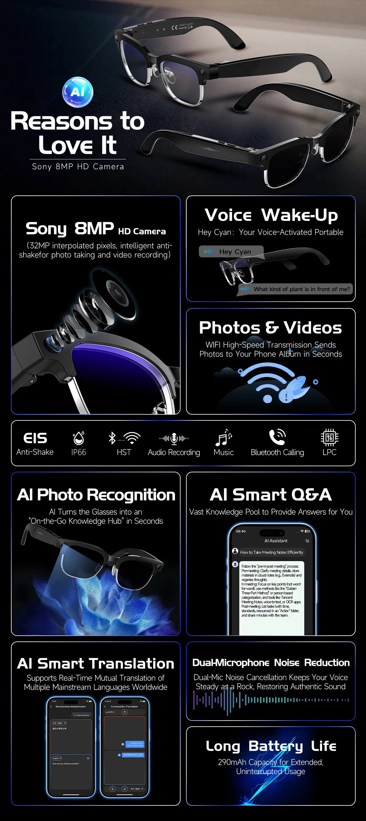 2026 New 8K HD AI Smart Glasses Men with Chat GPT 800MP Camera Bluetooth Call AI Translation Voice Assistant Control Unisex Sung