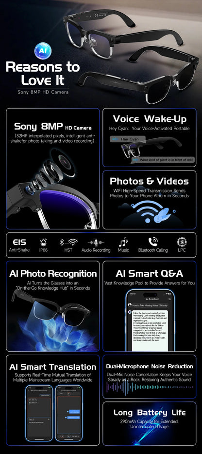 2026 New 8K HD AI Smart Glasses Men with Chat GPT 800MP Camera Bluetooth Call AI Translation Voice Assistant Control Unisex Sung