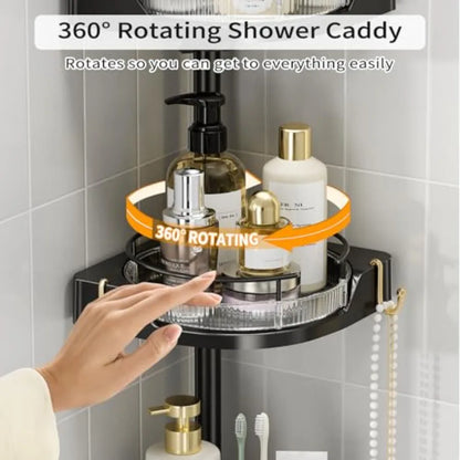 360° Rotating Corner Shower Caddy Tension Pole Organizer - 4-Tier Adjustable Rustproof Metal Pole, Plastic Shelves with Safety