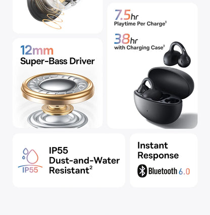 Baseus BC1 Ear Clip Earbuds Open Ear Wireless Earphones Bluetooth 6.0 Clip On Sports Headphones 4-Mics Super Bass IP55 Ear buds
